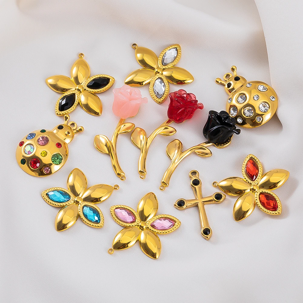 

2pcs Stainless Steel Zircon Flower Pendant Rhinestone Ladybug Charms for Jewelry Making DIY Bracelet Handmade Accessories Crafts