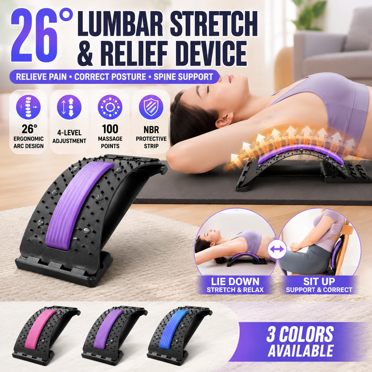 Back Spine Stretcher 26° Arc Magnetic Massage Points Lumbar Relief Alignment Support Board Relieve Soreness And Improve Posture