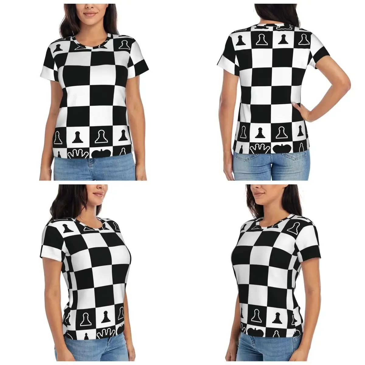 Chess Board Black And White Grid Checkered T-Shirt for Women O-Neck Streetwear T Shirts Women's Short Sleeve Summer Clothes Tops
