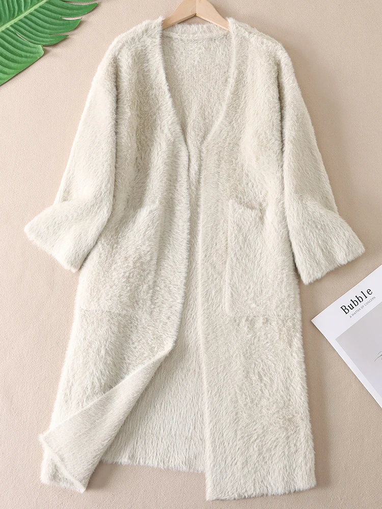 سترة نسائية محبوكة طويلة من Thiened معطف شتوي مع كيتات كبيرة دافئة من الفرو الصناعي وشعر طويل ملابس خارجية فضفاضة #3