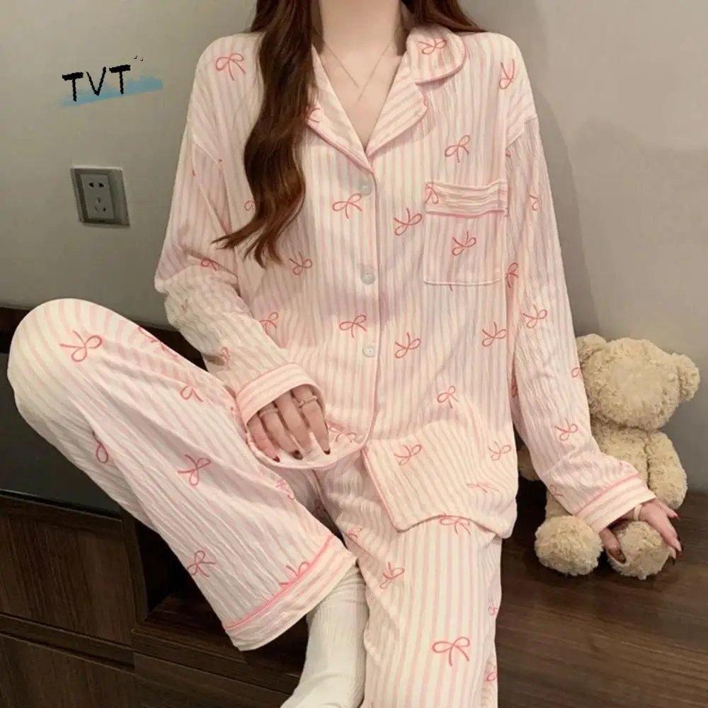 Pigiama con fiocco a righe larghe Set pigiama dolce stile coreano casual Completo da casa allentato Indumenti da notte in due pezzi da donna