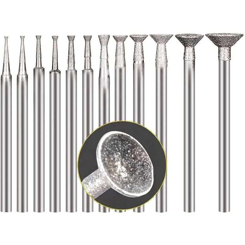 12 Pcs Bowl Shape Diamond Burr Set, 3/32 Inch Shank Stone Carving Bits Diamond Concave Burs Wire Rounder Bits for Rotary Tool
