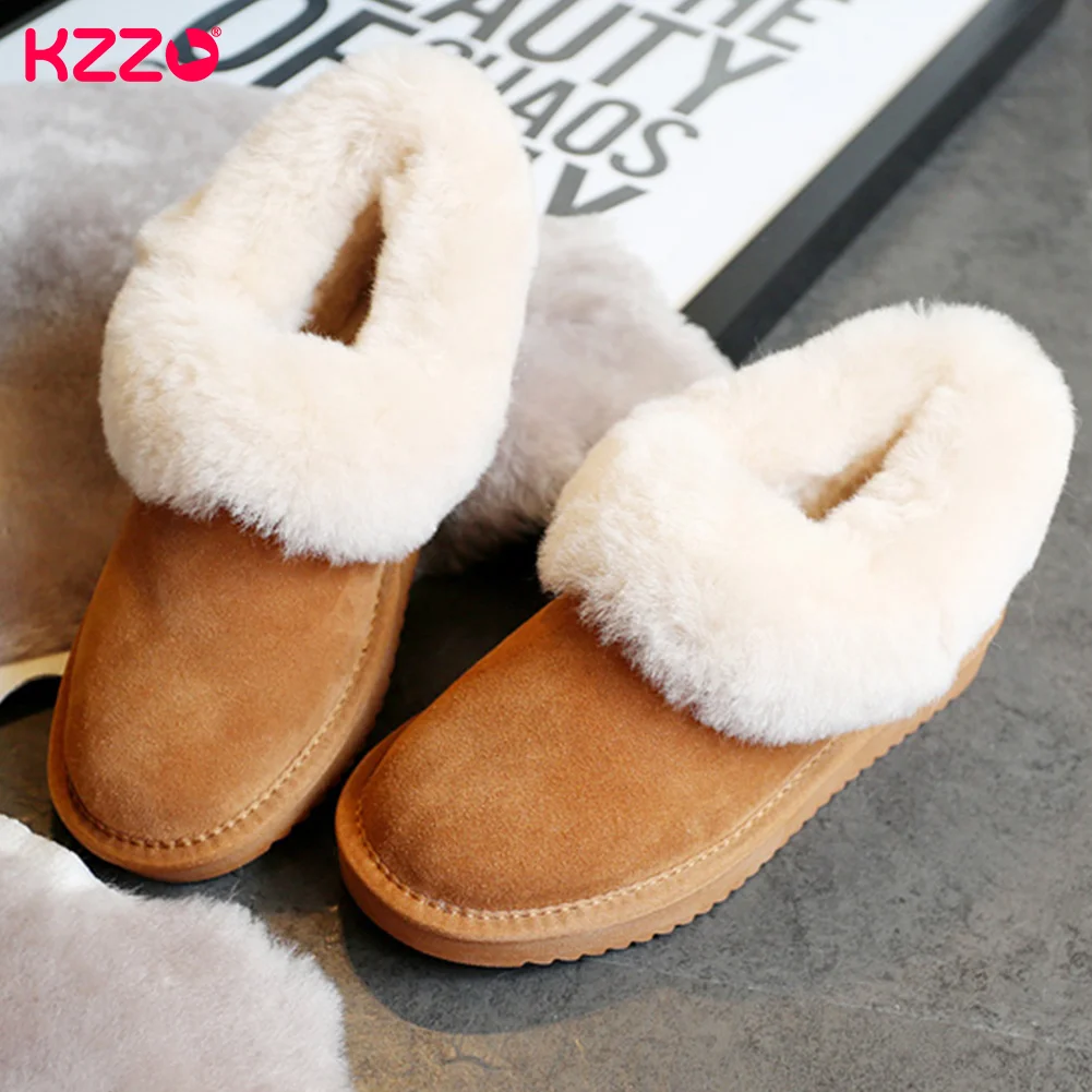 KZZO Fashion Genuine Leather Winter Ankle Snow Boots Women Australia Natural Wool Fur Lined Casual Short Warm Shoes Non-slip