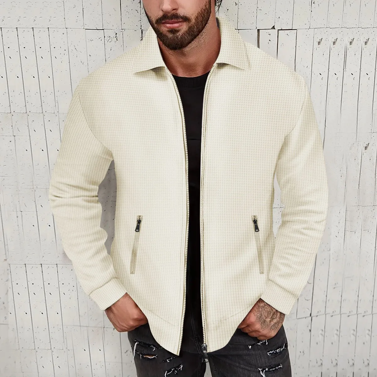 2023 Spring Autumn Long Sleeve Zipper Pocket Men\'s Jacket Breathable Waffle Men\'s Europe And America Casual Adult Coat Top