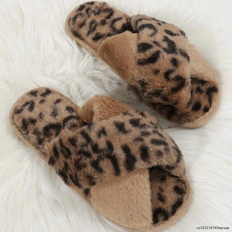 Winter Women House Slippers Sexy Leopard Print Faux Fur Fashion Warm Shoes Woman Slip on Flats Female Slides Home Furry Slippers