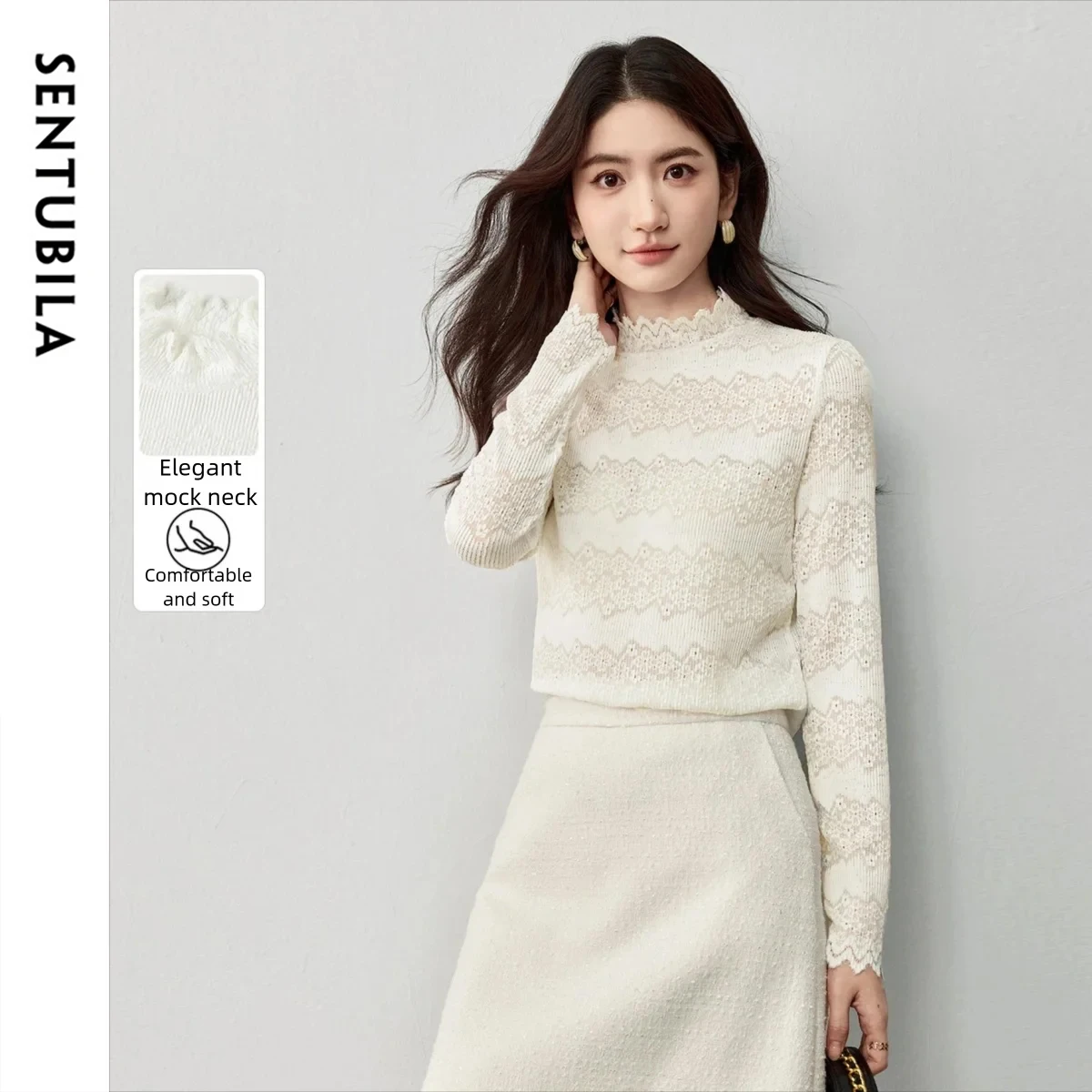 SENTUBILA Long Sleeve Tees Semi-Turtleneck Fitted Stretch Lace Shirt Autumn Elegant Commuting Hollow Long-Sleeved Top 153SA2770