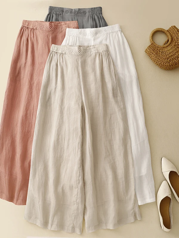 Ele Embroidered Wide Leg Pants Women's Summer Lightweight Drifting Double Layer Linen Straight Long Casual Skirt Pants