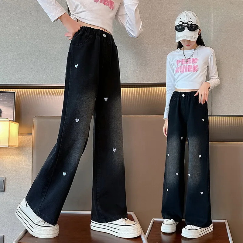 New Fashion Teenager Girls Denim Wide Leg Pants Children Trousers Spring Autumn Love Pattern Girls Jeans 5-14 Years Kids Clothes