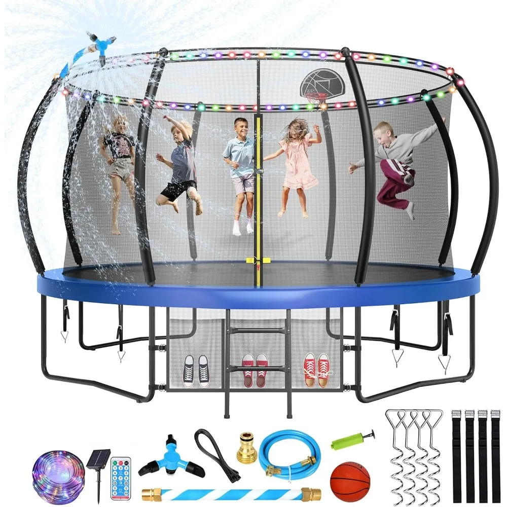 12FT Outdoor Trampoline for Kids and Adults, Pumpkin Trampolines with Curved Poles, Recreational Trampoline with Sprinkler