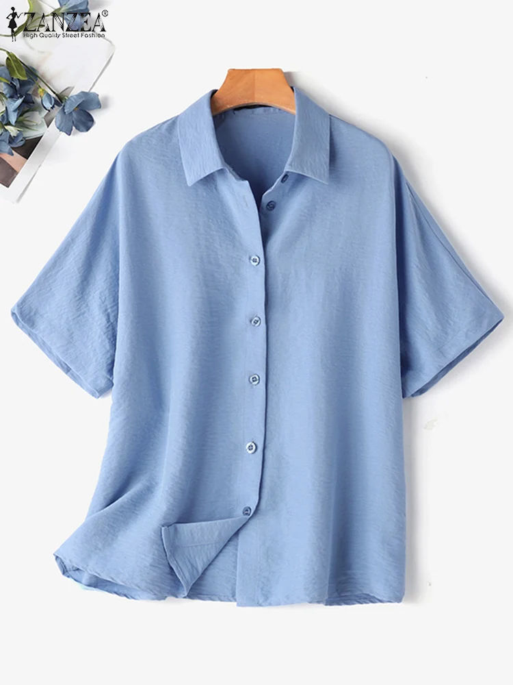 Summer Vintage Shirt Women Lapel Neck Short Sleeve Blouse 2024 ZANZEA Female Tunic Tops Casual Buttons Down Work Blusas Mujer