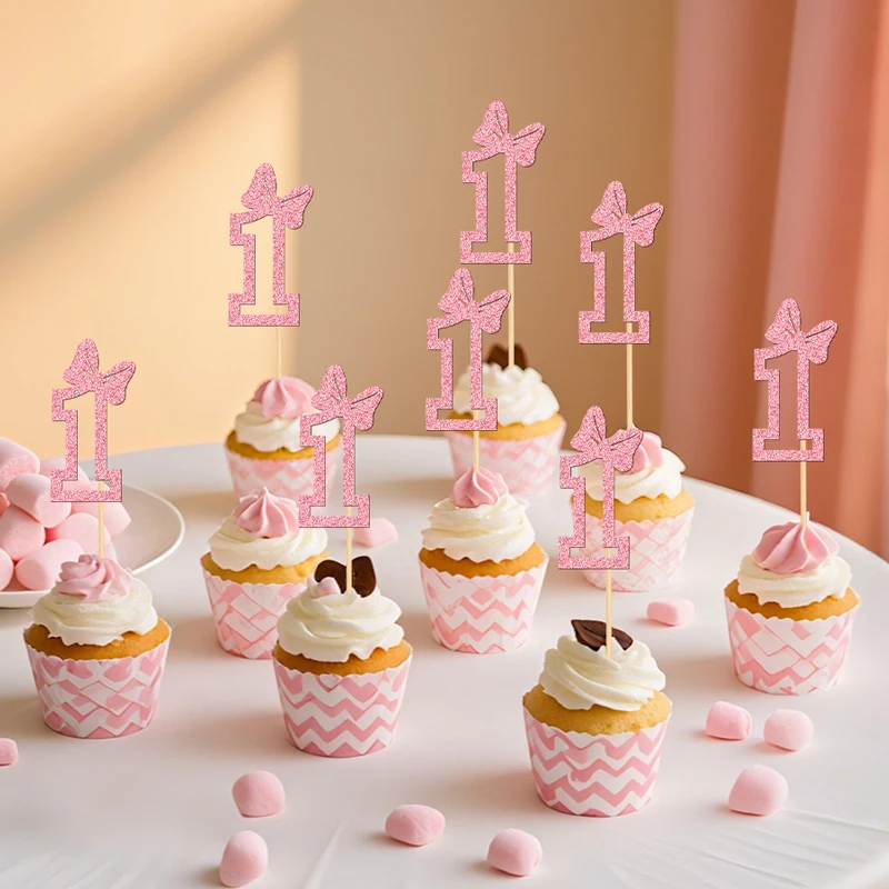 YOMDID 24 Stück Cupcake-Topper zum 1. Geburtstag, glitzernde 1. Geburtstags-Kuchenaufsätze mit Schleifendekoration für Valentinstag-Dekoration – Detail 9