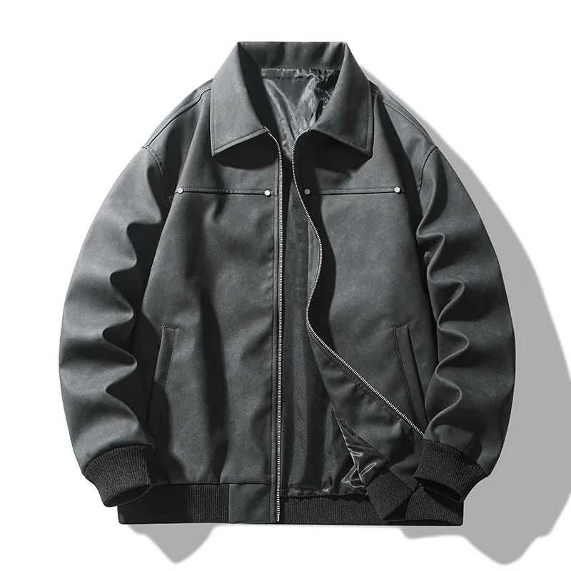 

Solid Turn Down Collar Jackets Men Faux Leather Zipper PU Leather Long Sleeve Coat Loose Fit Moto Biker Spliced Vintage