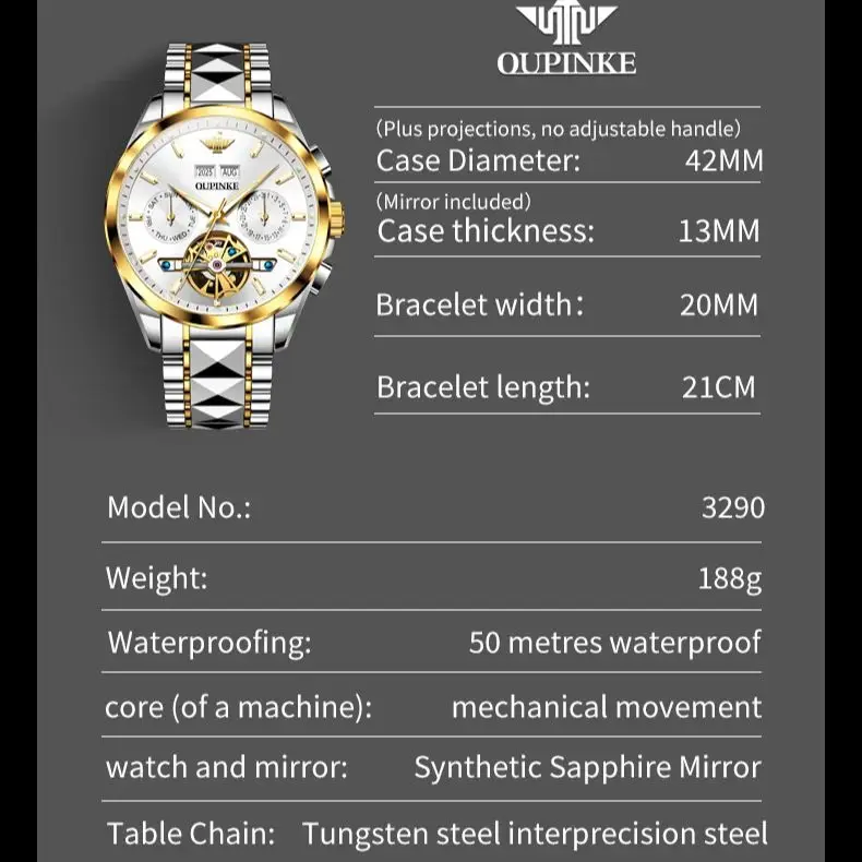 OUPINKE 3290 الأصلي ساعة أصلية الرجال دولاب الموازنة تاريخ كرونوغراف جودة عالية التنغستن الصلب حزام الياقوت مرآة الذكور الساعات