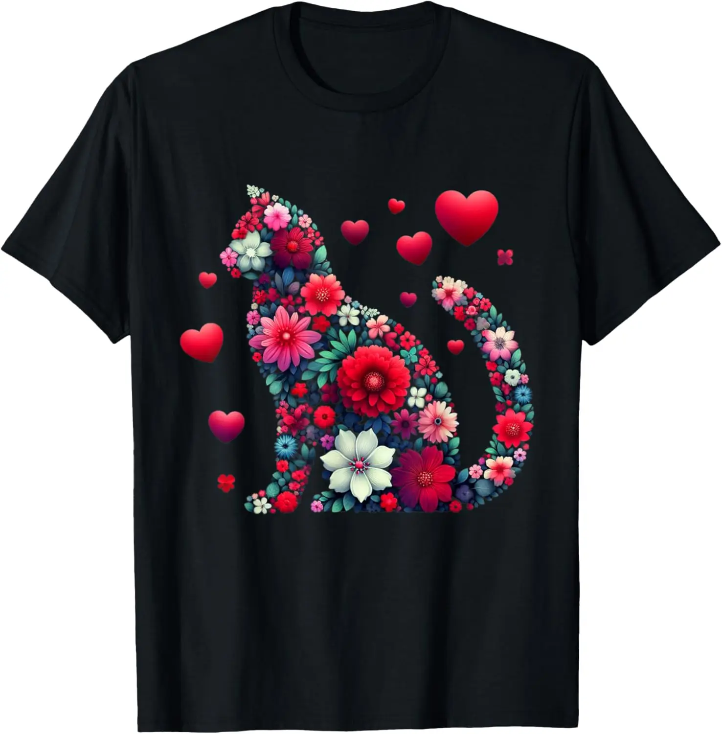 

Floral Cat Silhouette Hearts Valentines Day Graphic Tee Soft Cotton Casual Crewneck T-Shirt for Women