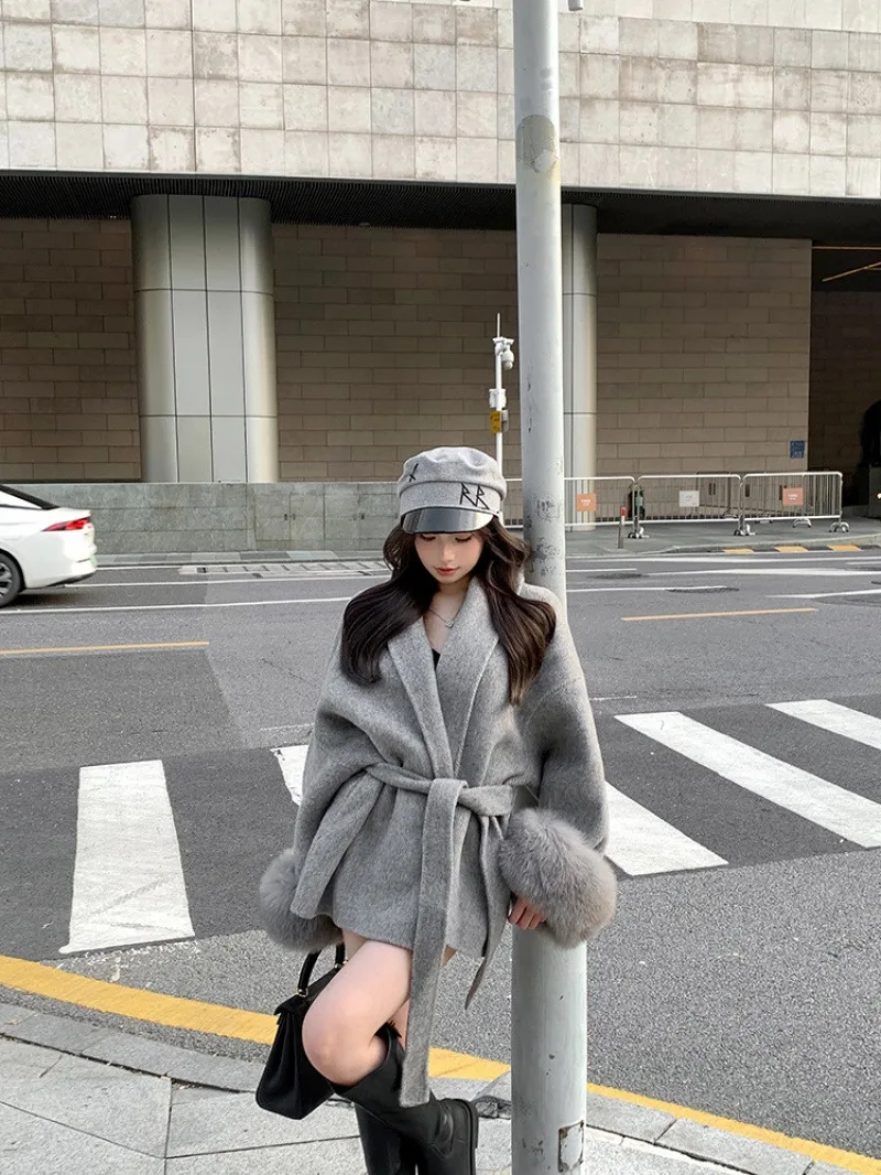 

Belted Waist Gray Wool Blend Coat Women Long Sleeve Loose Mid-Length Overcoat Autumn Winter Fashion Outerwear