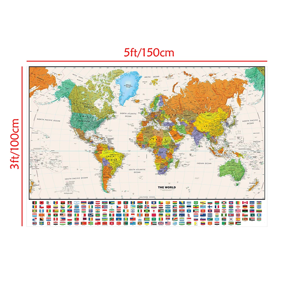 150x100cm The World Physical Map with Flag for Education and Culture Non-woven Spray World Map Painting Home Decoration