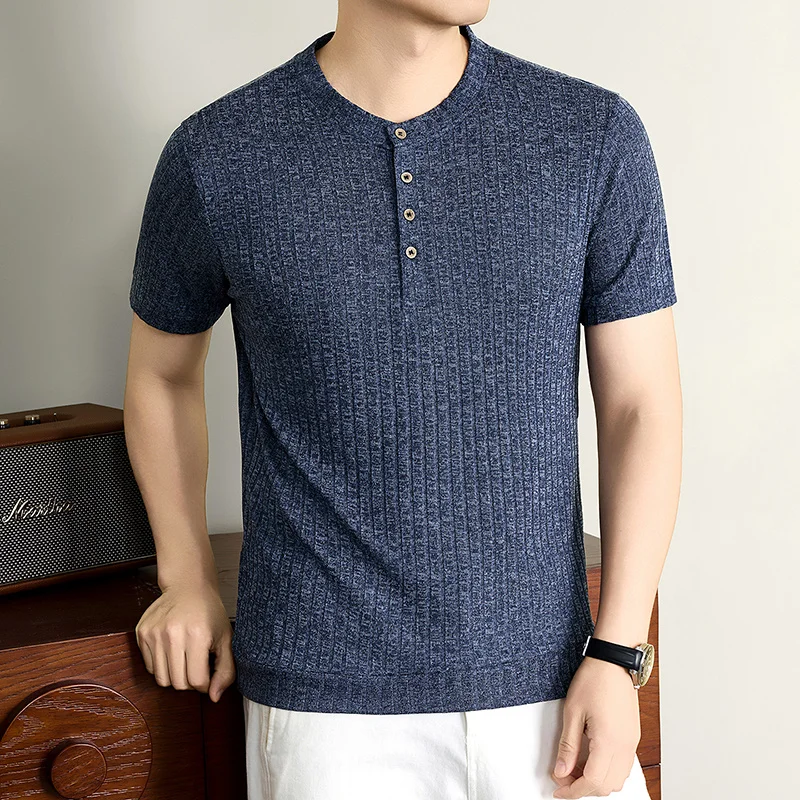 Herren Henley-Kragen Vertikal Geripptes Kurzarm-Strick-T-Shirt Lässige Oberteile Dehnbar Atmungsaktiv Knitterfrei Sommerkleidung – Detail 14