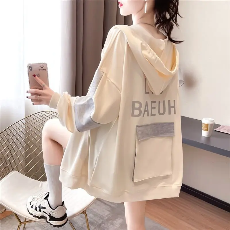 Fashion Pockets Printed Letter Hoodies Sweatshirts Female Clothing 2024 Spring Autumn New Loose Korean Tops Casual Sweatshirts