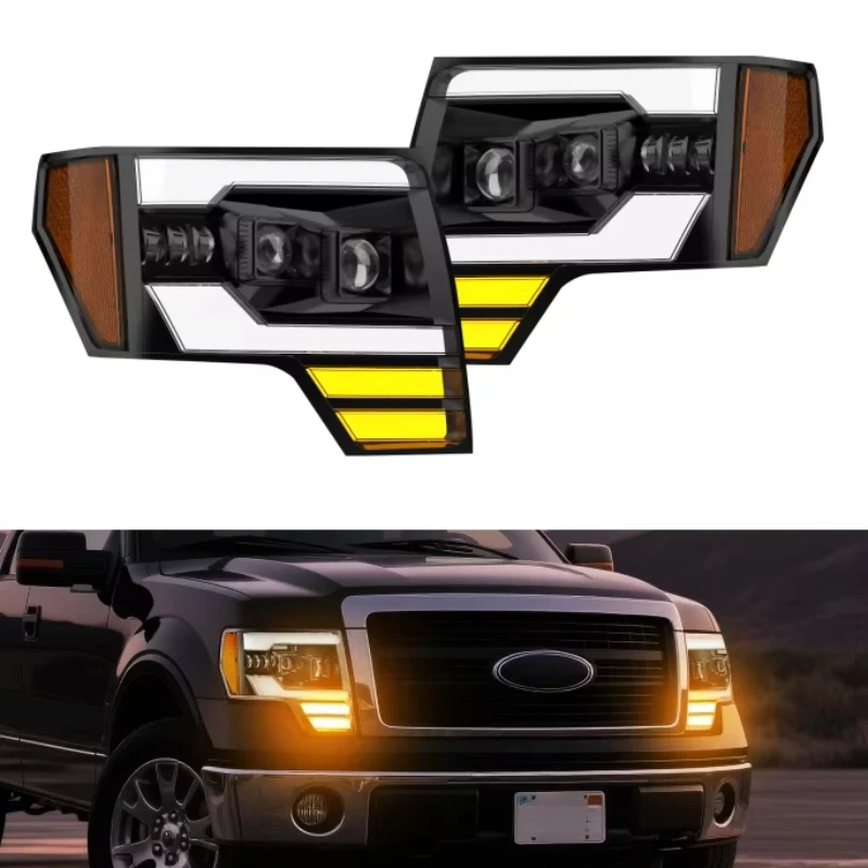 For Ford F150 F-150 2009-2014 LED Headlight Assembly with Amber Reflector Headlamp DRL Turn Signal High/Low beam Running Light