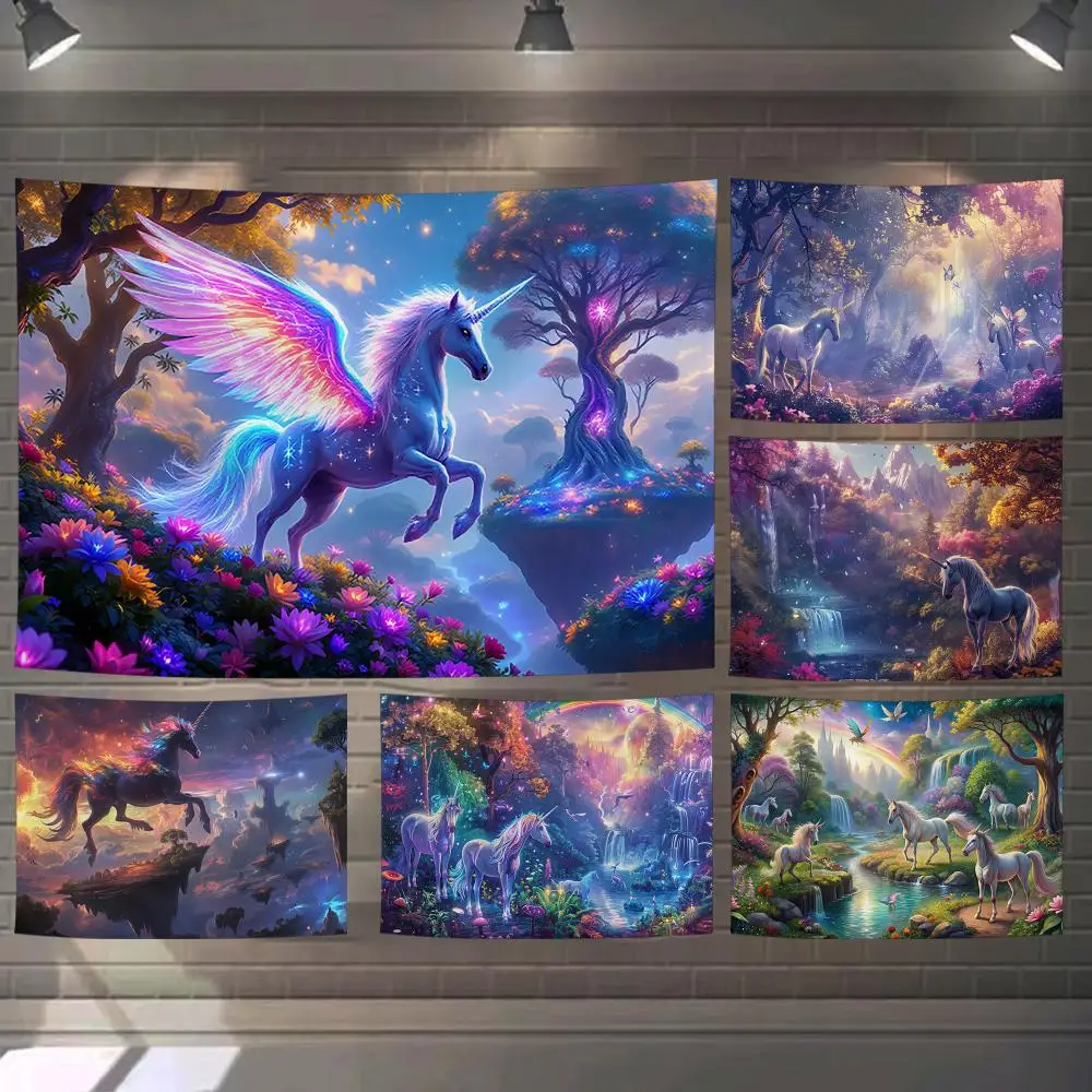 Magical Unicorns Tapestry Custom Living Bedroom Party Dormitory Interior Wall Bohemian Decoration Attached Clip
