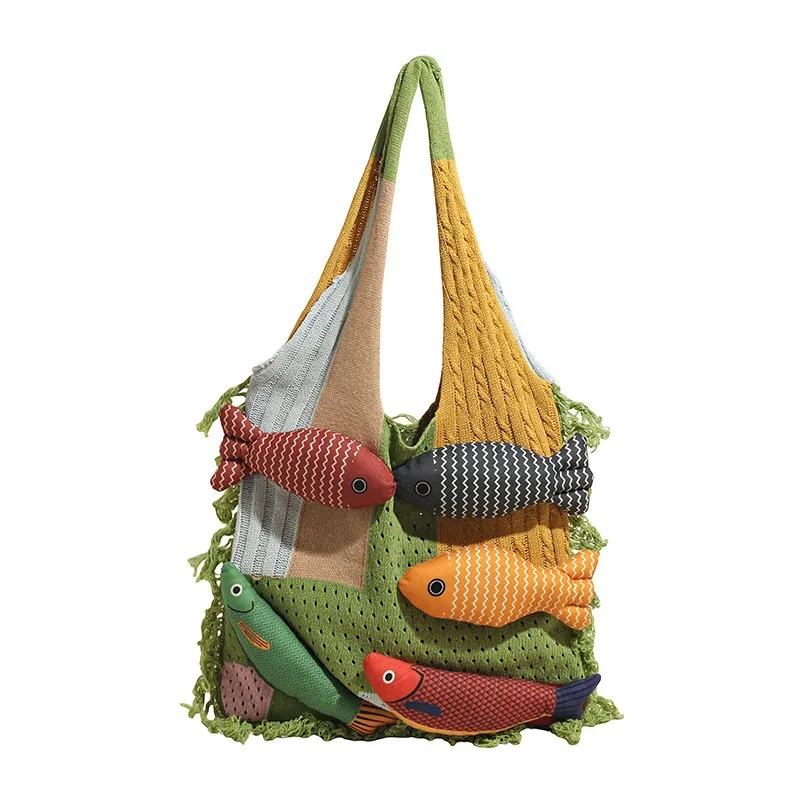 

Новая весенне-летняя сумка 2026 года: вместительная хлопковая сумка-тоут с милым декором в виде рыбки, универсальная для города и пляжа