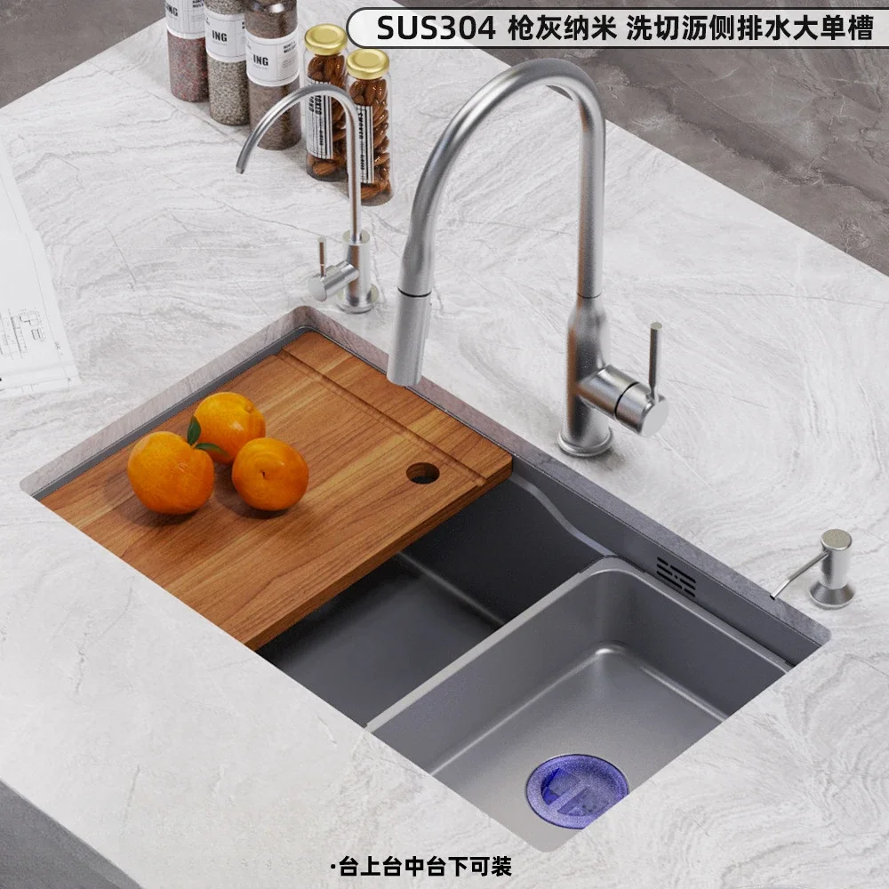 Nano sink, single slot gun, gray large single slot SUS304 stainless steel kitchen thickened vegetable washing basin, dishwashing