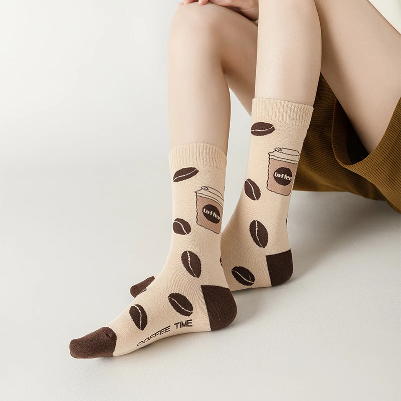 Spring Autumn Cute Women Crew Socks Kawaii Cartoon Coffee Cup Coffee Bean Print Letter Harajuku Casual Female Mid Tube Socks Sox