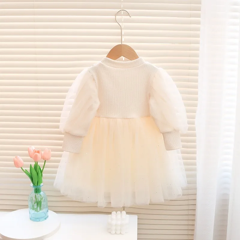 ملابس طفلة للربيع والخريف فستان بناتي شبكي منقوش بأكمام طويلة مع جيوب فساتين أطفال غير رسمية لطيفة