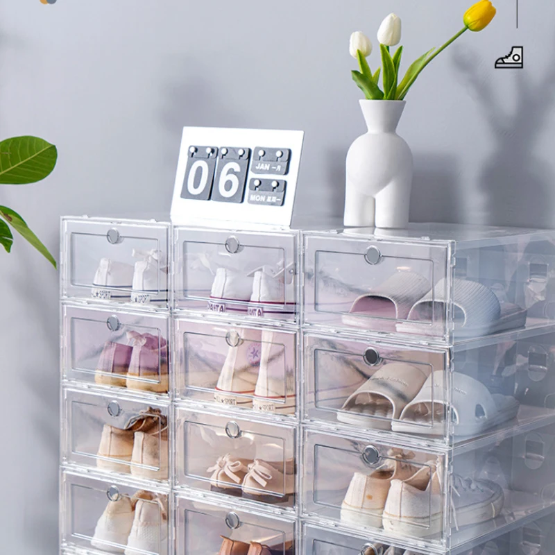 NEW Clear Fold Plastic Shoes Case Thickened Transparent Shoes Box Storage Door Home Closet Shoes Organizer Case Shelf Stack