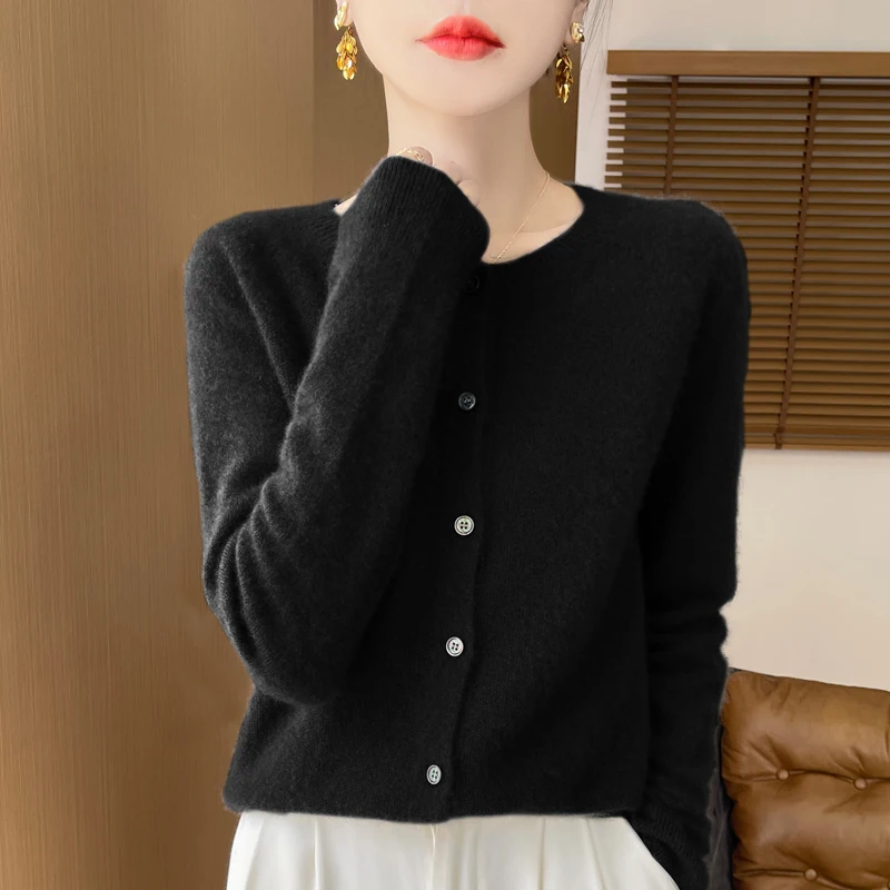 Fall/Winter 2024 new 100% Merino wool knitted round neck cardigan loose slim fashion solid color commuter sweater coat