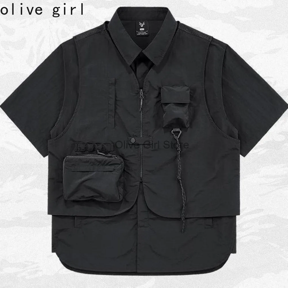 2025 Summer Shirt Short Sleeve Button Up Blouse Men's Cargo Shirts Fashion Multi Pockets Vest Designer Shirts