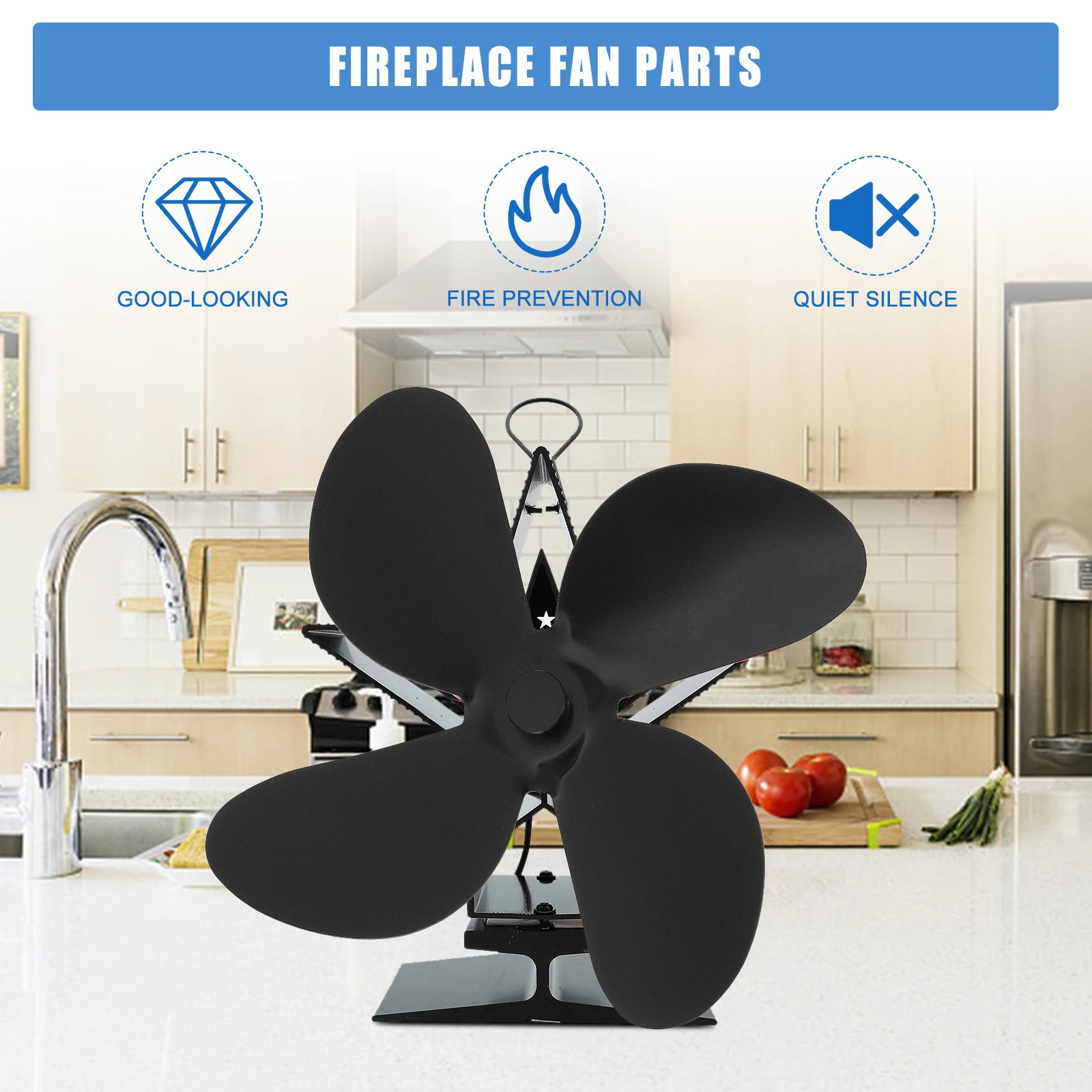 

Aluminum Alloy Fireplace Fan Blades 4 Blades Black Heat Powered Silent Stove Accessories Craftsmanship Safe Performance