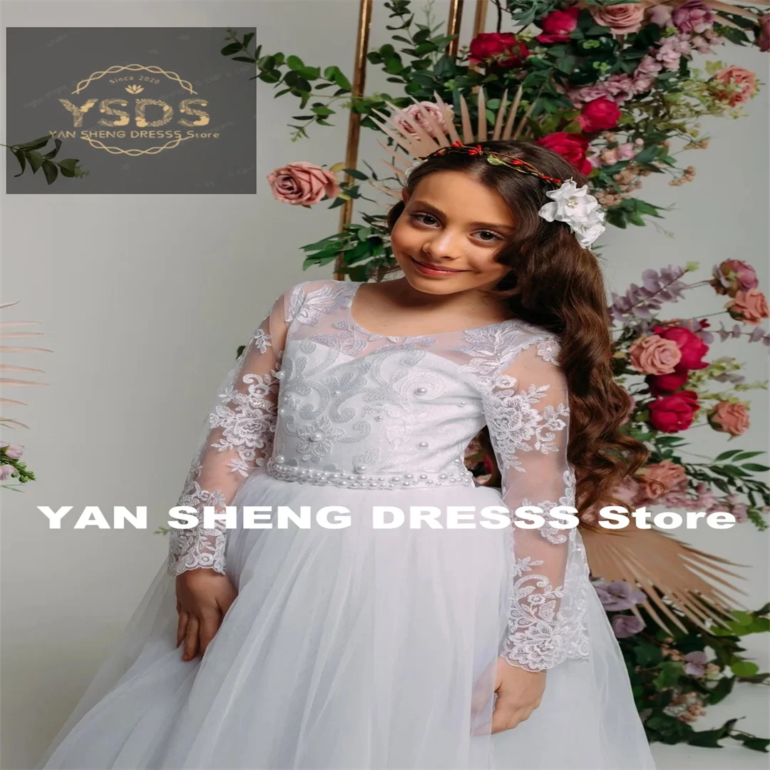 거룩한 흰 꽃의 소녀 드레스 레이스 인쇄 웨딩 공주 아름다움 미인 대회 아이 생일 선물 첫 성찬식 가운 우아한