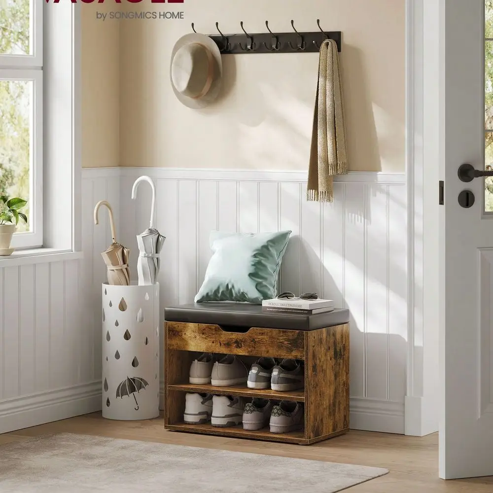 

Shoe Bench With Cushion, Storage Bench With Padded Seat, Entryway Bench With 3 Storage Compartments, 11.8 X 23.6 X 17.3