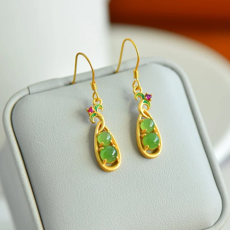 

S925 Silver Inlaid Hetian Jade And Jasper Round Surface Enamel Earrings Women