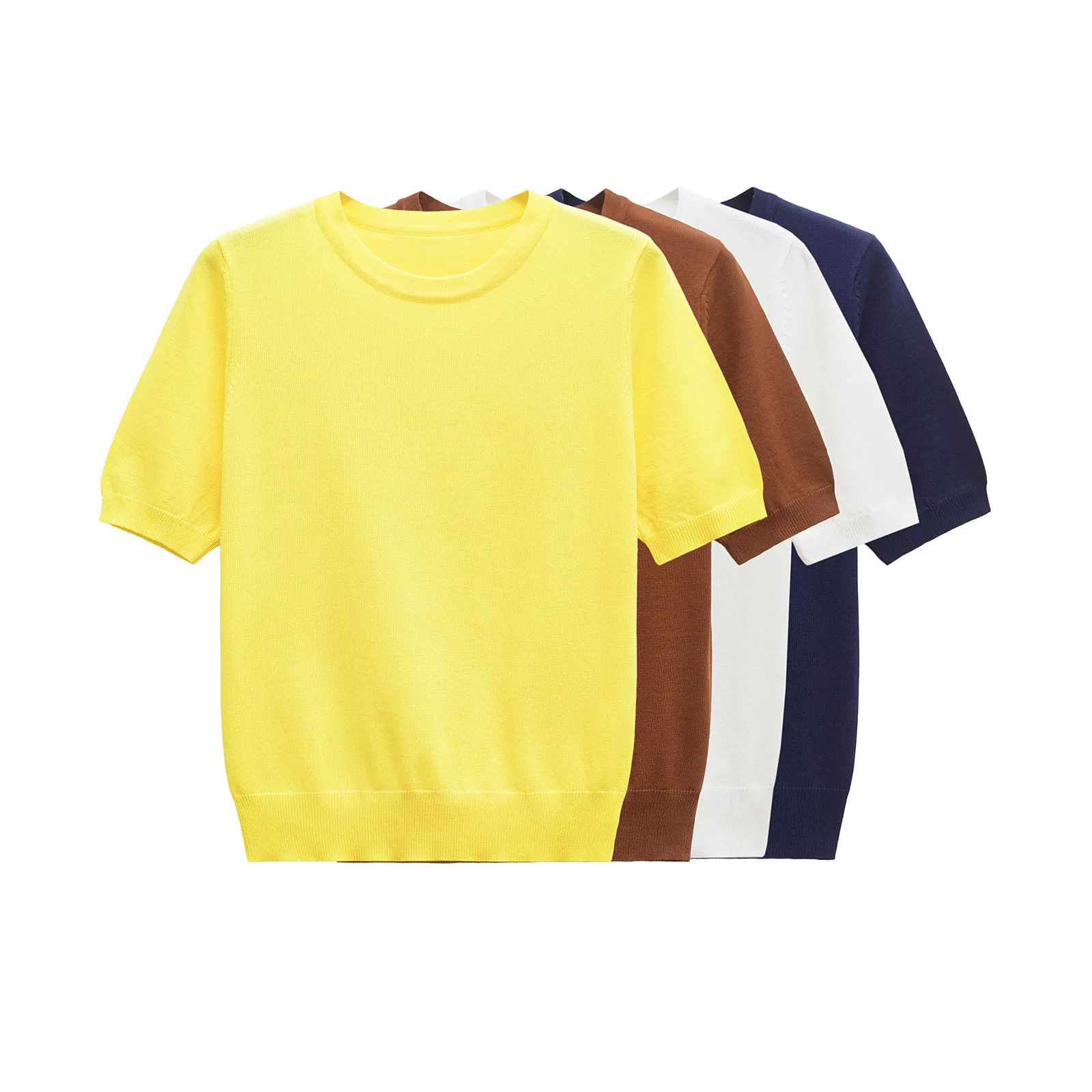 

Women's Basic Knitted T-shirt Round Neck Short Sleeve Ribbed Trim Top Spring Summer New Casual Solid Color Chic Pullover