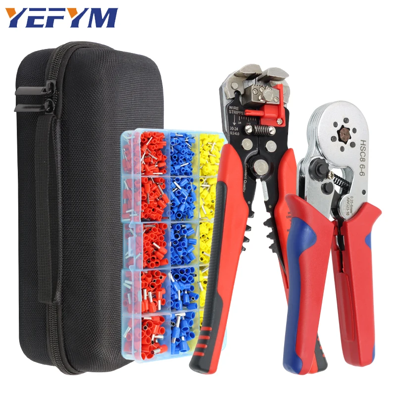 4 In1 Ferrule Crimping Tools Sets HSC8 6-6 Self-Adjustable Ratchet, Stripping Cutting Pliers YE-1R,Connectors Wire End Kit