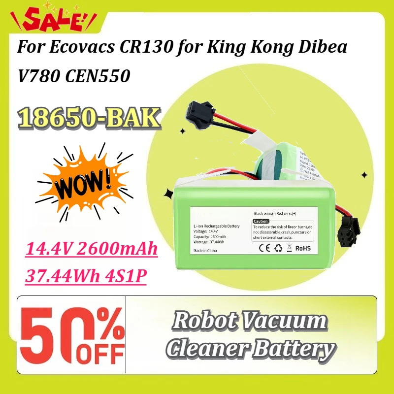 14.4V 2600mAh 37.44Wh 4S1P 18650 Li-ion Replacement Battery For Ecovacs King Kong CR130 Dibea V780 CEN550 Robot Vacuum Cleaner