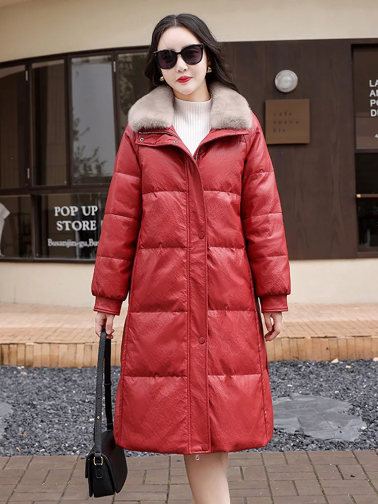 New Women Coffee Long Leather Down Coat Winter Fashion Real Mink Fur Collar Casual Loose Sheepskin Down Jacket Split Leather