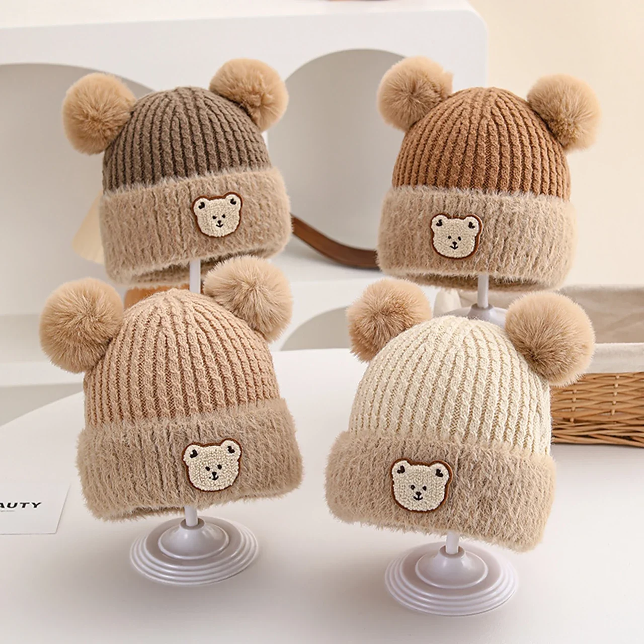 

Cute Pompom Knitted Baby Hat Cartoon Bear Baby Boys Girls Cap Beanies Winter Thicken Warm Earmuff Toddler Kids Hat