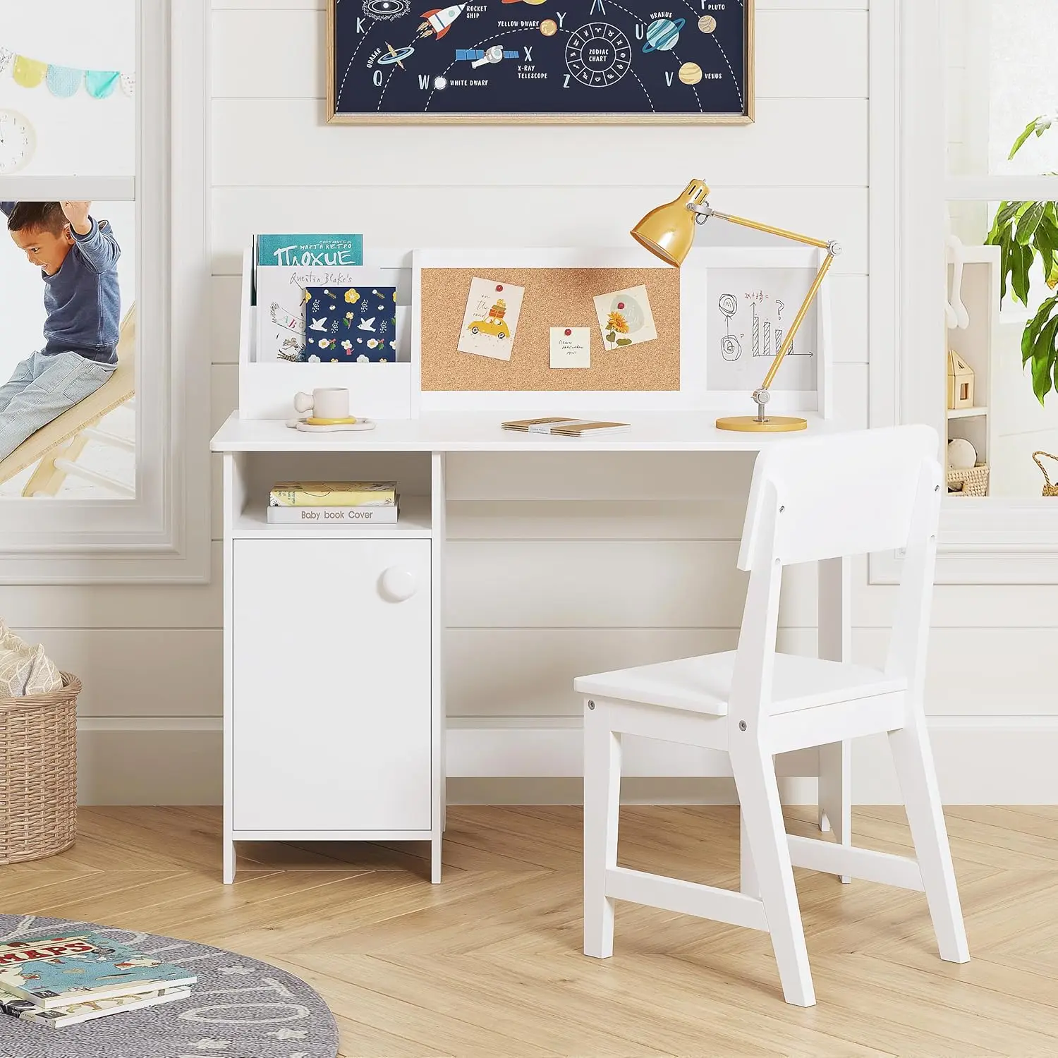 Kids Study Desk with Chair, Wooden Children School Study Table with Hutch and Chair for 3-8 Years Old, Student's Study Computer