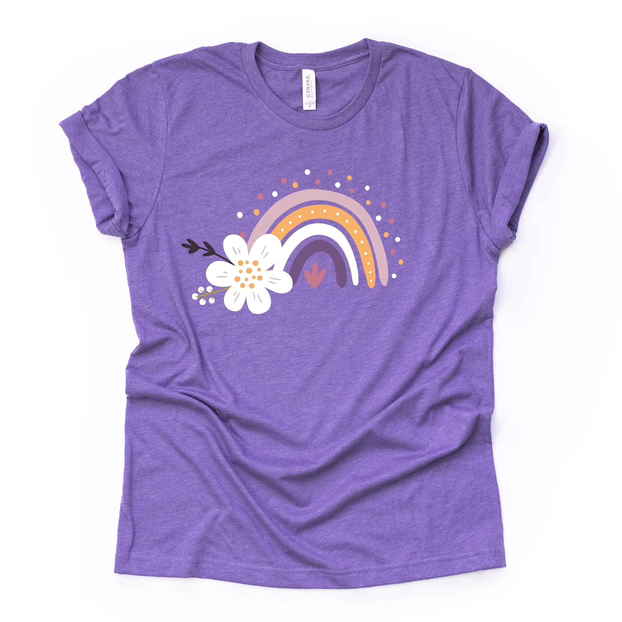 Spring T Shirt Cute Purple And Mustard Rainbow With Flowers Design Premium Unisex 3 Color Choices 2X 3X 4X Plus Sizes Available