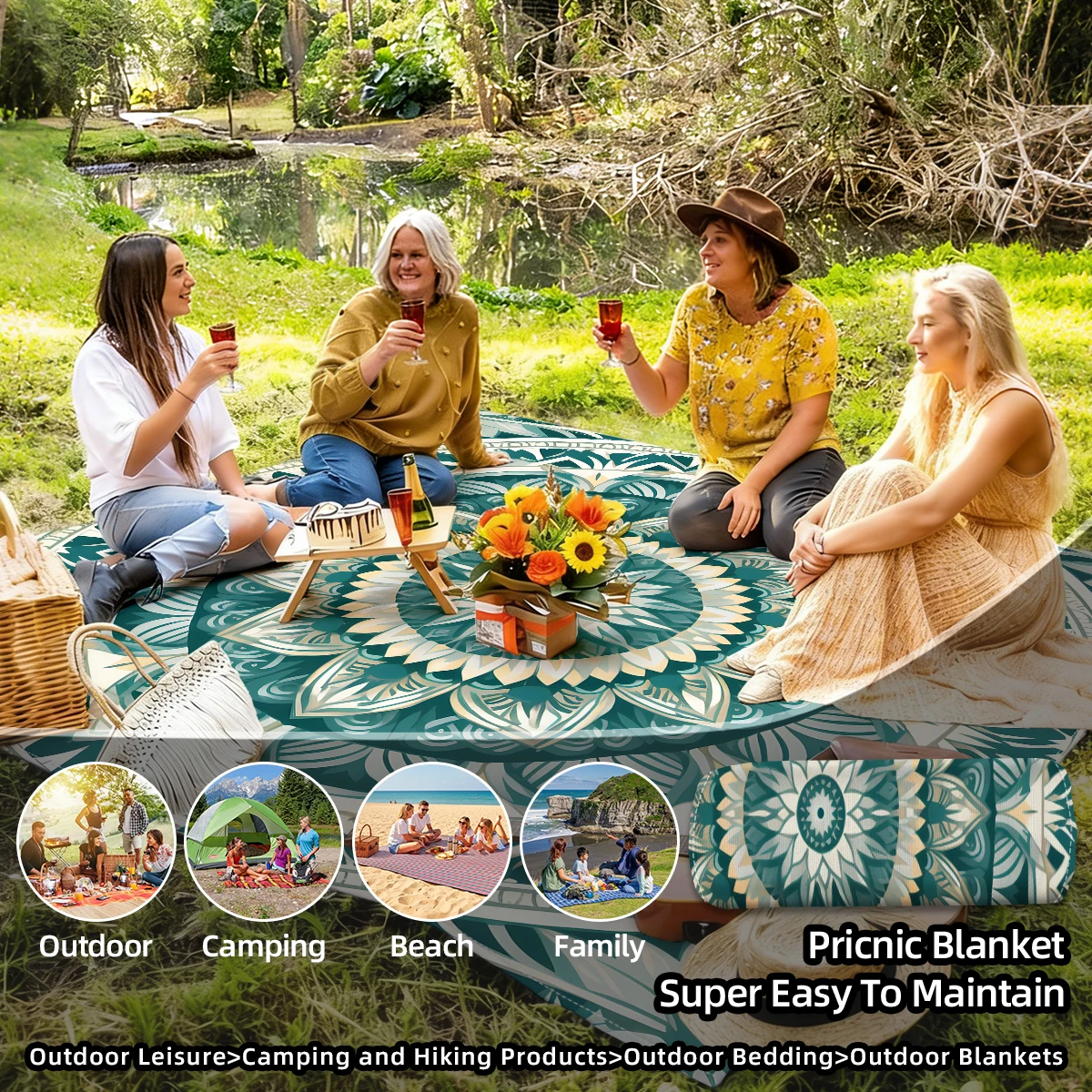 

1 шт. круглый коврик для кемпинга в богемном дизайне, водонепроницаемый и пескозащитный коврик для пляжного пикника с цифровой печатью/пляжное полотенце, подходит для кемпинга и пикников на открытом воздухе