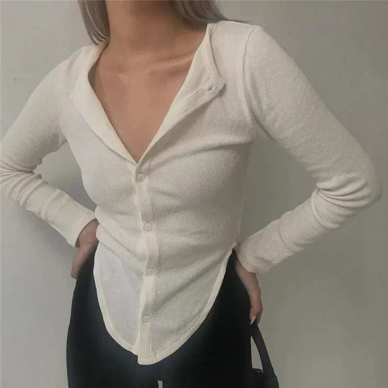 Cardigan Autumn Women's Solid Color Temperament Round Neck Single-breasted Irregular Spell Receiving Waist Slim Long-sleeved Top