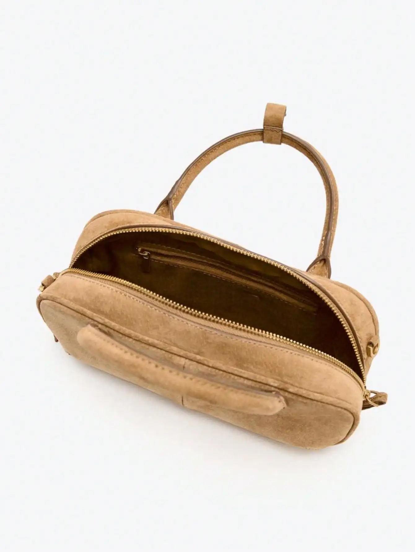 Tas Boston wanita kecil dengan dua pegangan, bahan suede, warna camel, model baru musim gugur-dingin 2025, dilengkapi tali selempang.