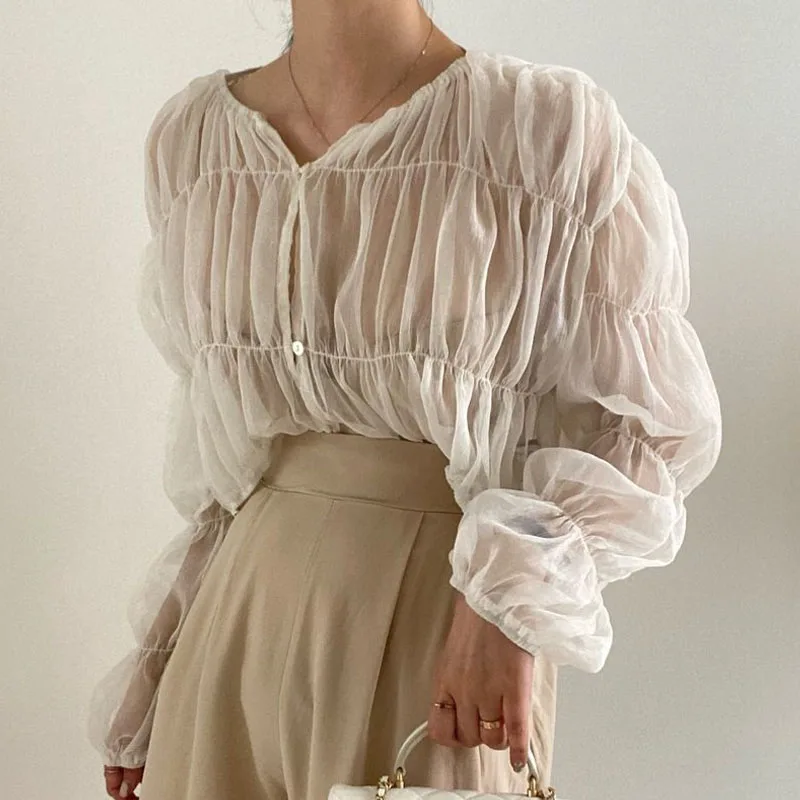 Korean Fashion Pleated Casual Blouse Women Summer New Loose Folds Perspective Chiffon Shirt Long Sleeve Tops Blusas Mujer 15624