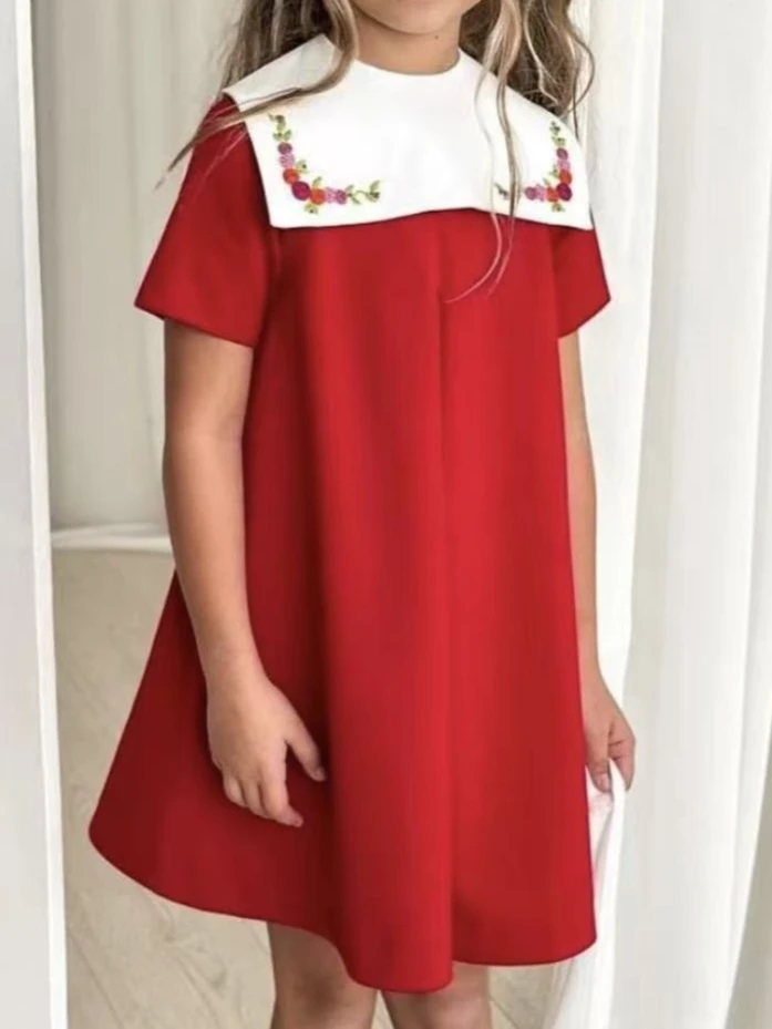 0-12Y Baby Girl Summer Collar Embroidery Red Dress for Birthday Photography Holiday Eid Christmas B479
