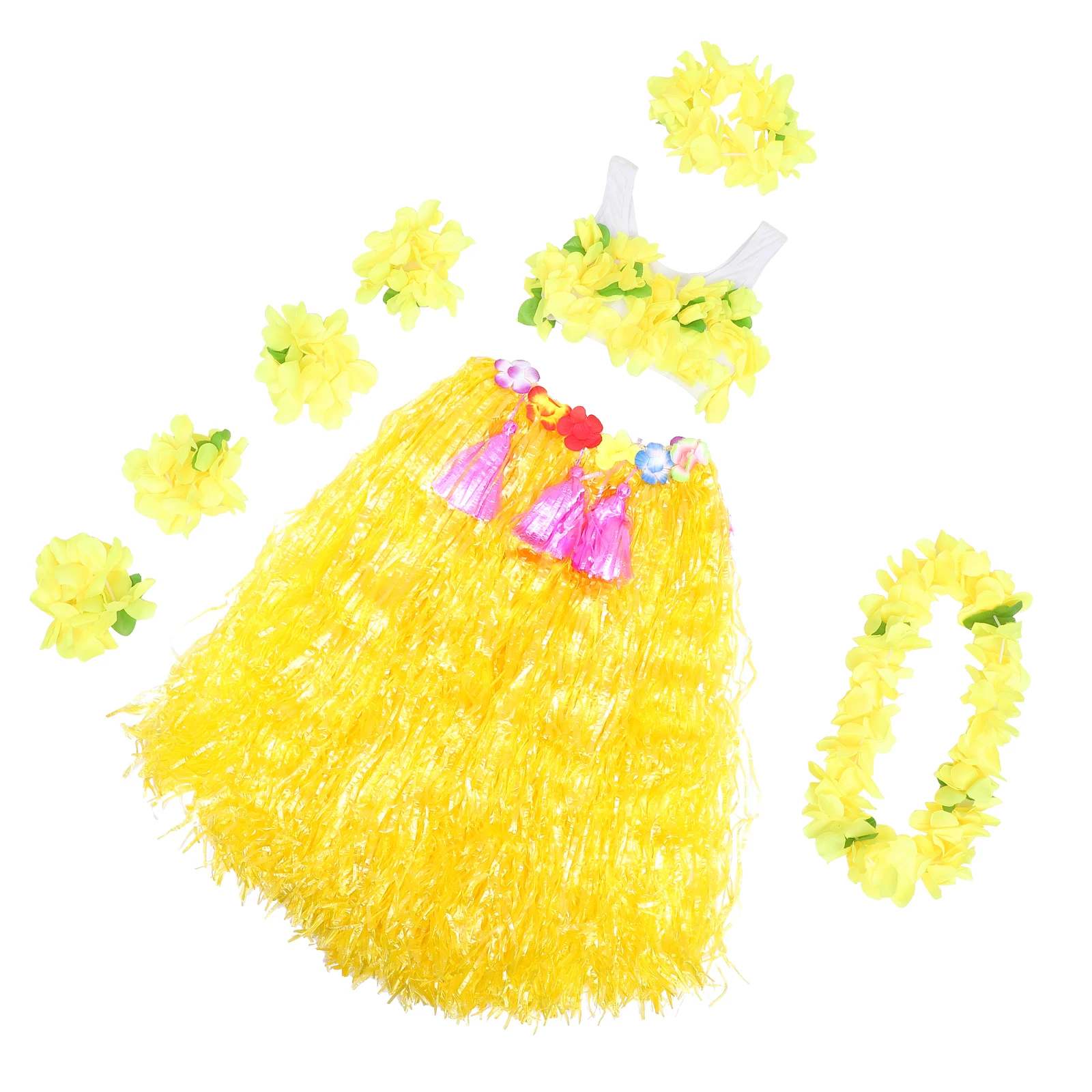6 Pcs Dance Costume Girls Luau Outfit Grass Skirt Hawaiian Hair Wreath Party Wristbands Costumes Skirts Dress Child