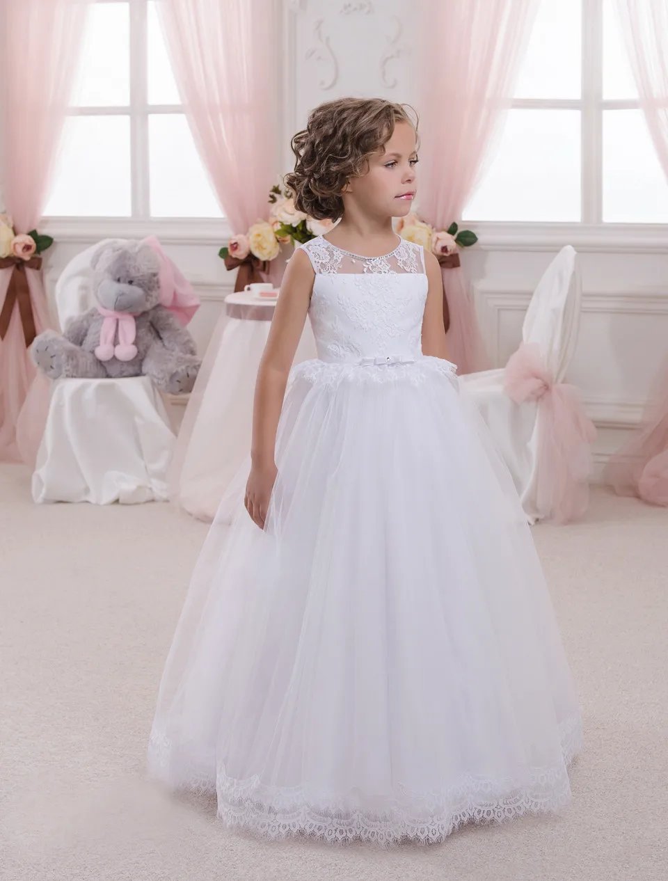 Wunderschöne Spitze Hochzeit Blume Mädchen Kleider Appliques Mit Schärpe Infant Kleinkind Kinder Erstkommunion Kleid Geburtstag Prom Party Kleid