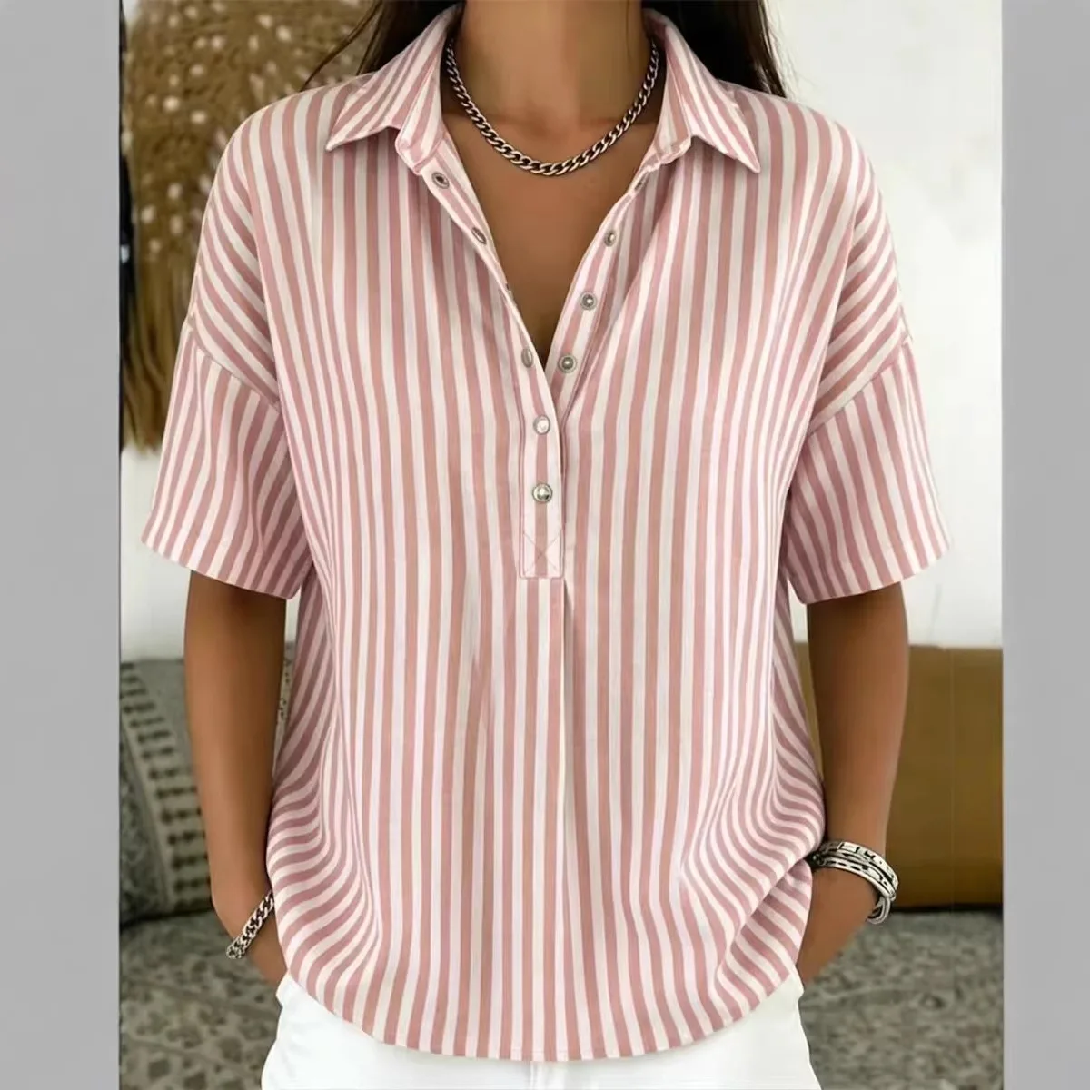 2026 European And American Cross-Border Amazon Independent Site Summer New Women's Fashion Casual Striped Short-Sleeve Shirt